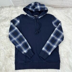 Slate & Stone Mens Navy Blue Plaid Mixed Media Pullover Hoodie Sweatshirt Size L